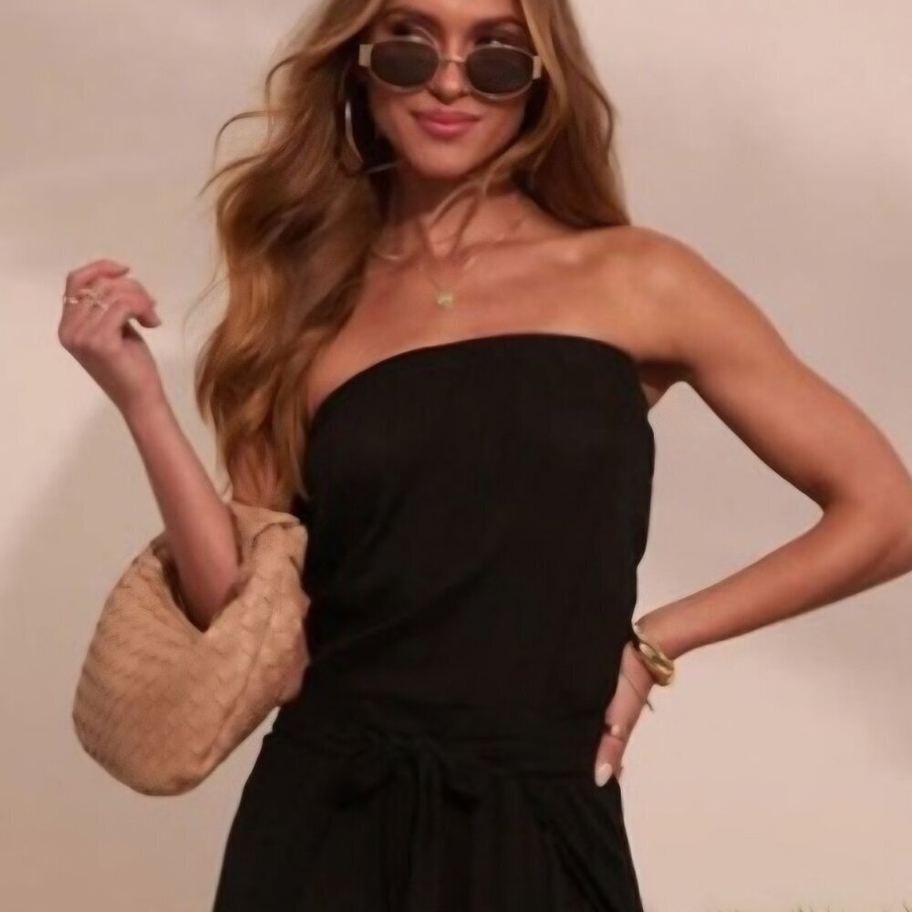 Vici Black Strapless boho wide leg Comfy pockets jumpsuit Resort Sexy Romper  L